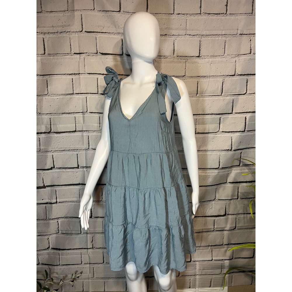 Blue Pepper Tiered Midi Dress L Dusty Blue Tie Shoulder Boho Cottagecore